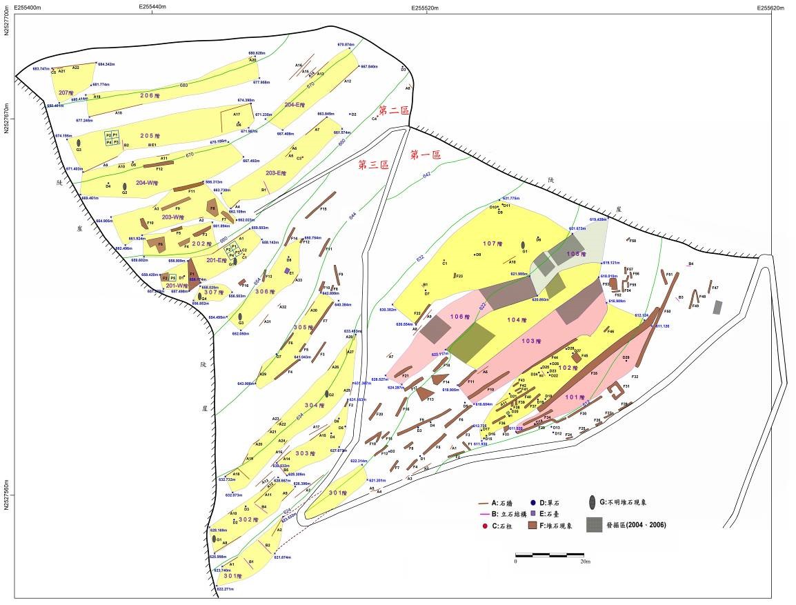 圖3巴蘭遺址第一至第三區礫石結構分布圖