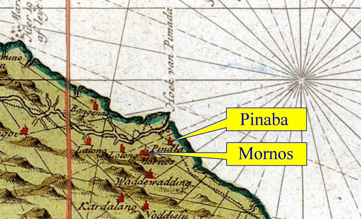 圖2「卑南圖」上Pinaba、Mornos村社位置（原圖引自呂理政、魏德文主編2011）