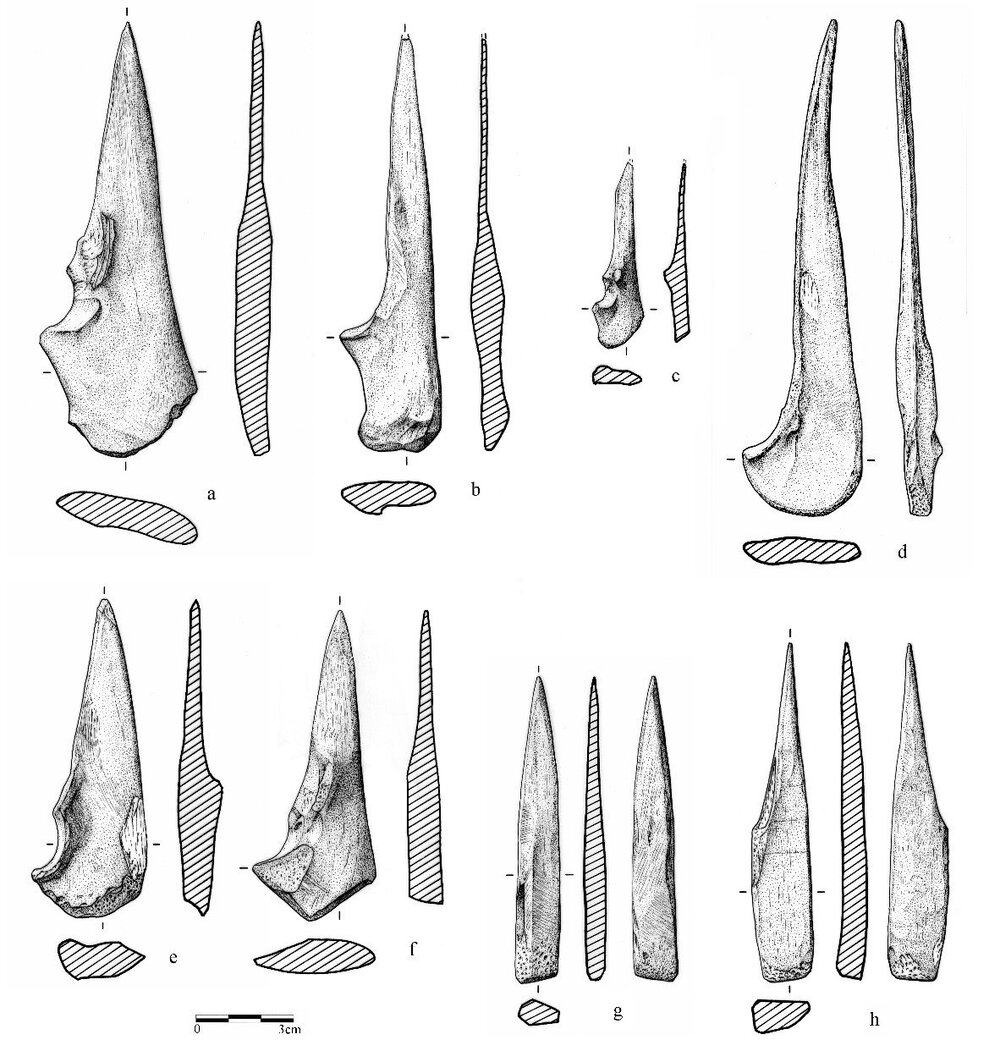 舊香蘭遺址出土的尺骨尖器，a、c為第Ⅰ型，b、d、e、f為第Ⅱ型，g、h為第Ⅲ型