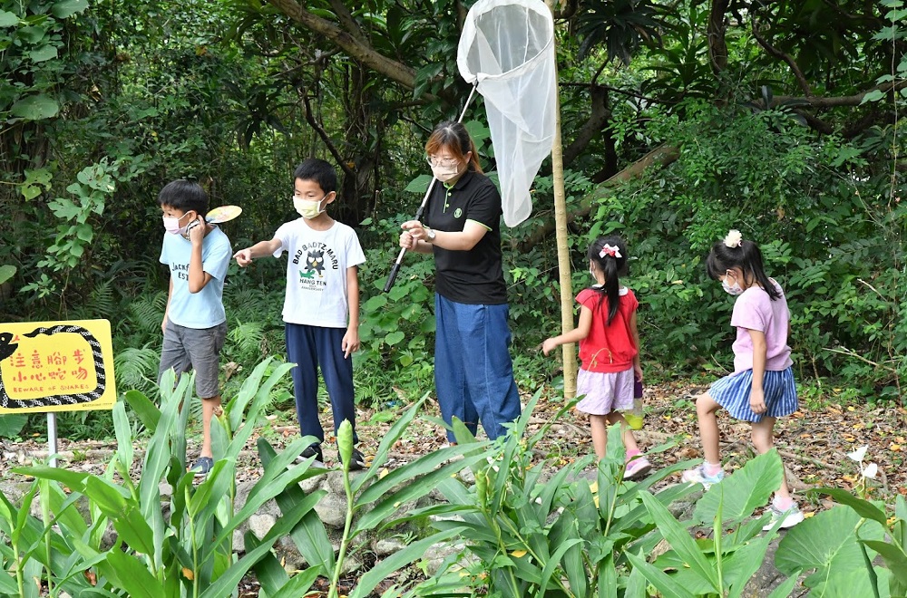 孩子來公園跟著老師一起親近蝴蝶