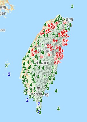 0403花蓮地震造成全臺各地強烈搖晃，除了恆春半島與澎湖等外島的震度較小外，各地震度大致都在4級以上（圖片來源：中央氣象署）