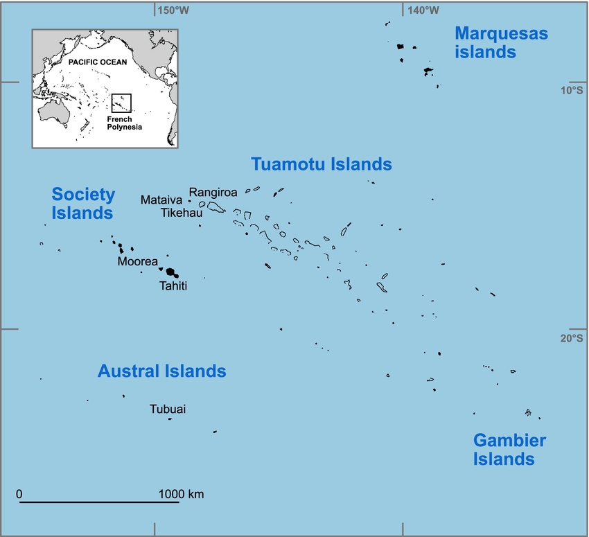 法屬玻里尼西亞地圖（來源https://www.researchgate.net/figure/Location-map-of-French-Polynesia-archipelagos-Shaded-grey-represents-the-ocean-with_fig1_361020377）