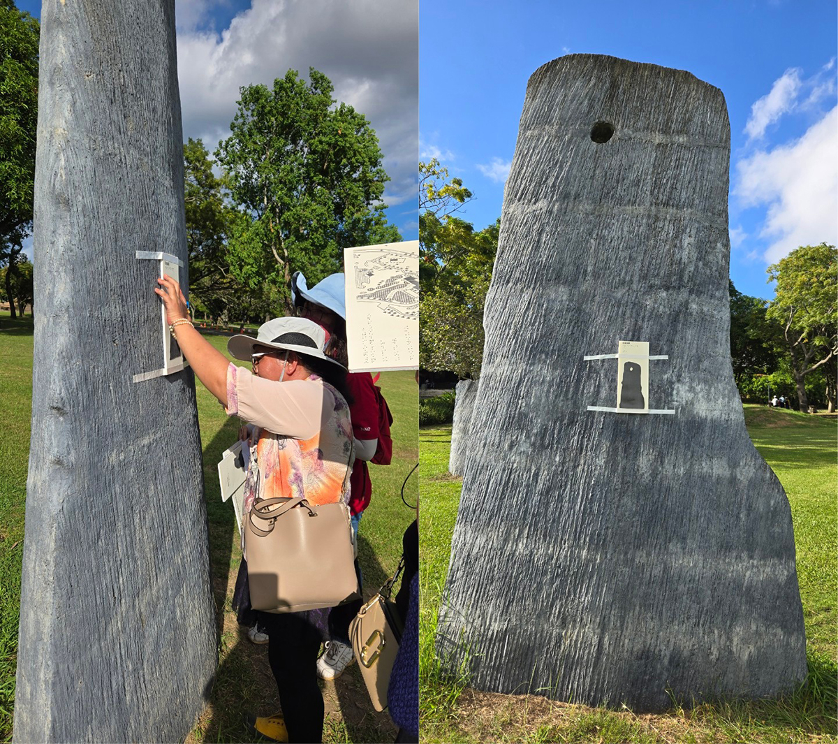 於定向活動當中，認識遺址公園公共藝術裝置的石柱造型。(劉少君攝)