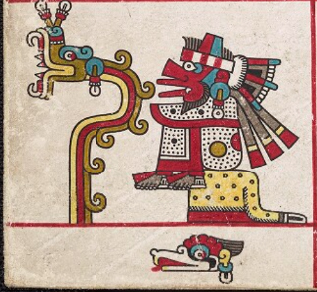 羽蛇神魁扎爾柯亞特爾的兩種形象：羽蛇（左）及風神 Ehecatl（右）（原圖截自Codex Laud）