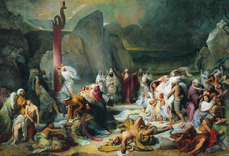 被火蛇咬傷的以色列百姓痛苦不勘，仰望摩西依上帝指示製作的銅蛇後，便都被治癒了。 （Bruni 1841）