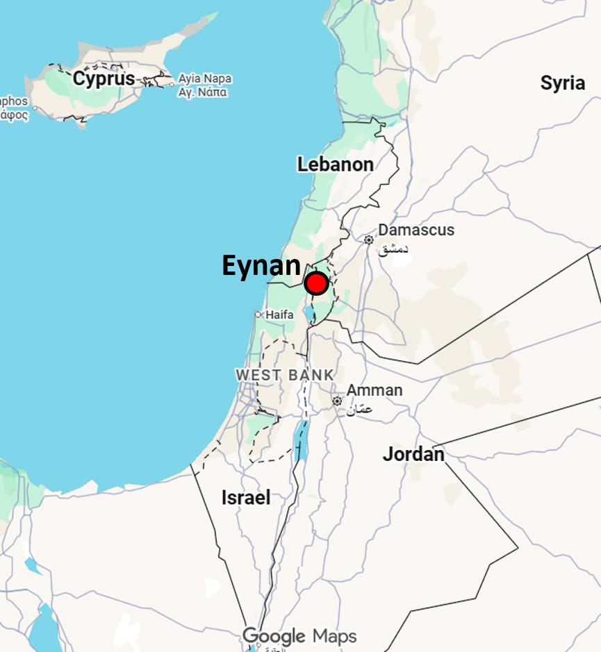 Eynan遺址的地理位置（改自Google Map）。