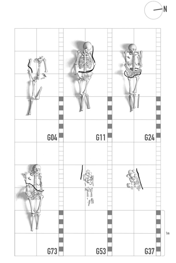 Ravna–Slog 遺址所發現具有蛇骨遺留的人類墓葬線稿紀錄。從圖上可以看到，這些墓葬中的蛇似乎被刻意拉直擺放在人體身側，或纏繞在腰際，表現特殊的埋葬習俗（圖片取自Milosavljević 2021，第98頁，圖6.1）。