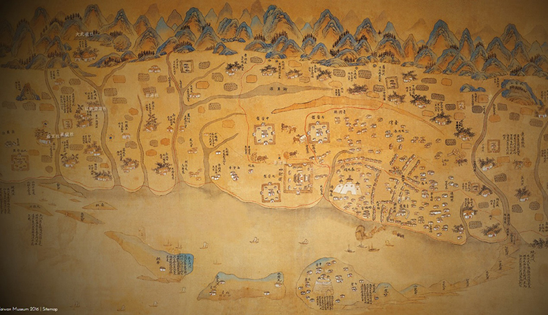 康熙臺灣輿圖中臺江內海與鯽魚潭（臺灣全覽圖，大地地理）。