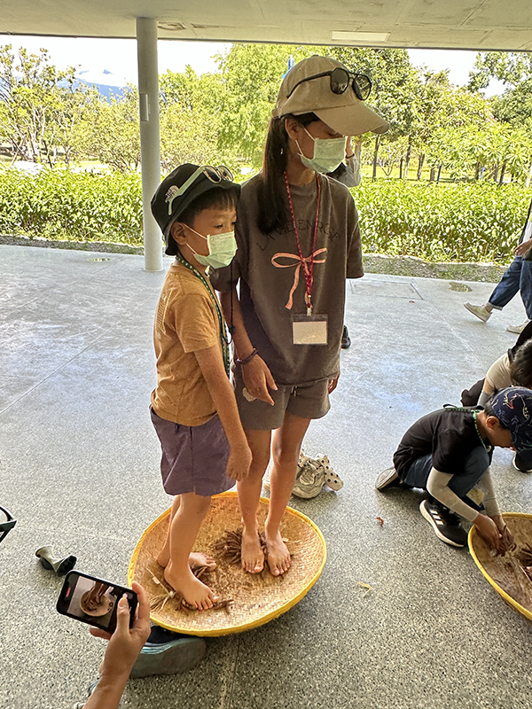 孩子們體驗腳踩脫粒。