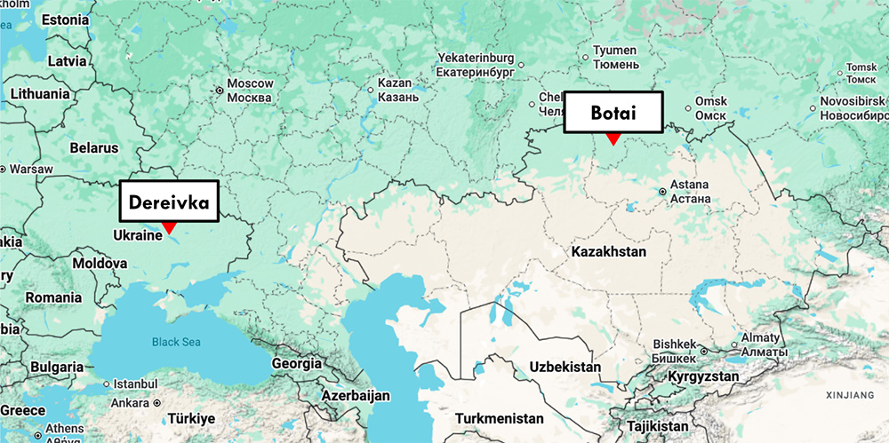 哈薩克的博泰（Botai）與烏克蘭的德萊夫卡（Dereivka）遺址位置（改自Google地圖）。