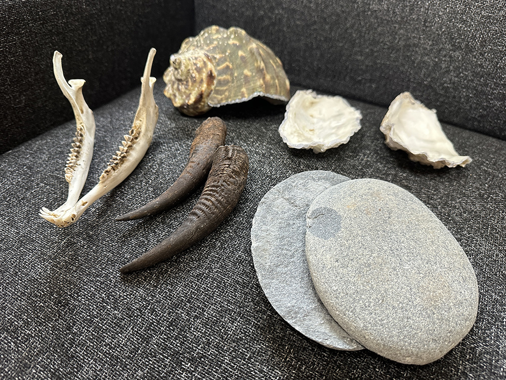 在舊石器時代單元提供友善輔具包含敲擊的石器、貝殼、獸骨等，提供孩子近距離觀看及觸摸。